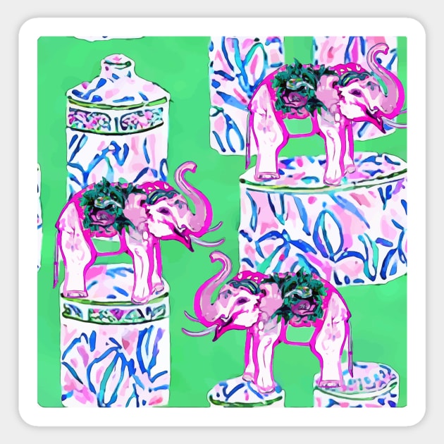 Pink elephants and ginger jars on lime green Sticker by SophieClimaArt